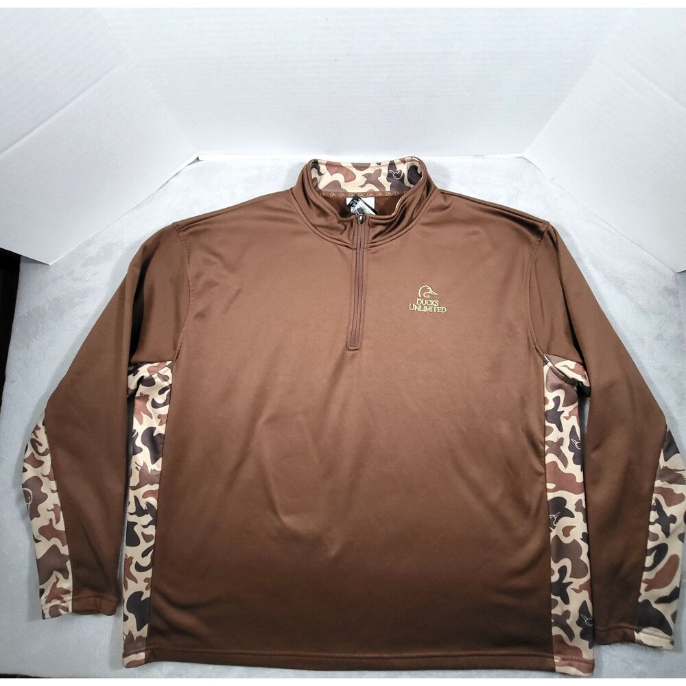 Ducks Unlimited 1/4 Zip Pullover Fleece Sweatshirt Mens 3XL Brown Camo Hunting